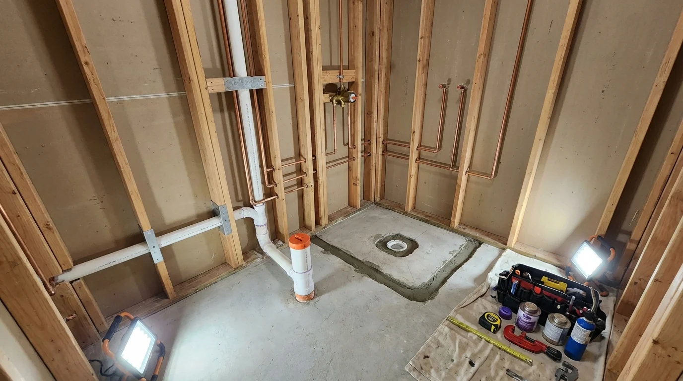 Bathroom rough-in plumbing during remodel by Johns Plumbing LLC in Merrillville