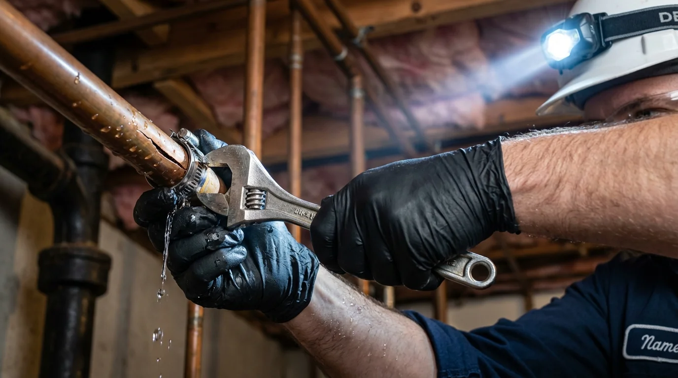 Emergency pipe clamp repair being performed by a Johns Plumbing LLC plumber in Merrillville