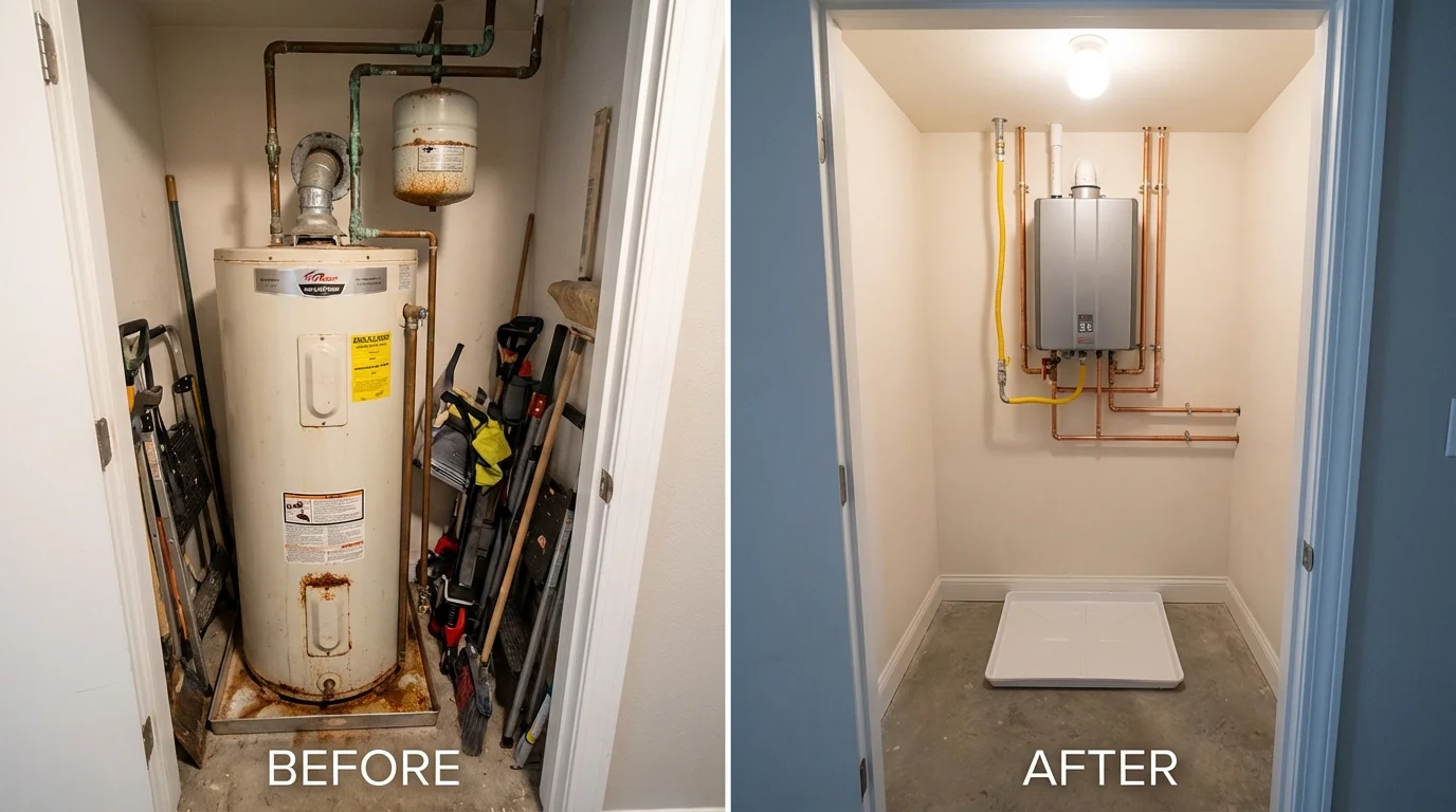Tank water heater versus wall-mounted tankless unit comparison for Merrillville, IN homeowners
