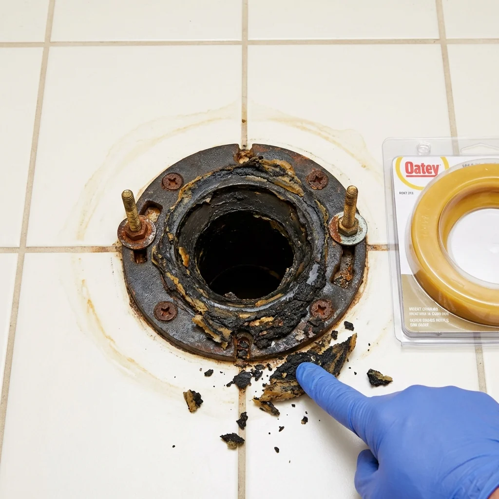 Failed wax ring showing water seepage at the base of a toilet in a Merrillville, IN home