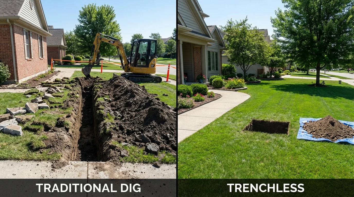 Trenchless sewer repair with minimal yard damage versus traditional excavation in Merrillville, IN