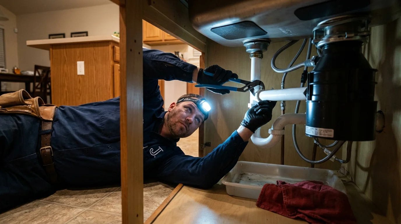 P-trap and supply line connections under a kitchen sink showing a common leak point in Merrillville, IN